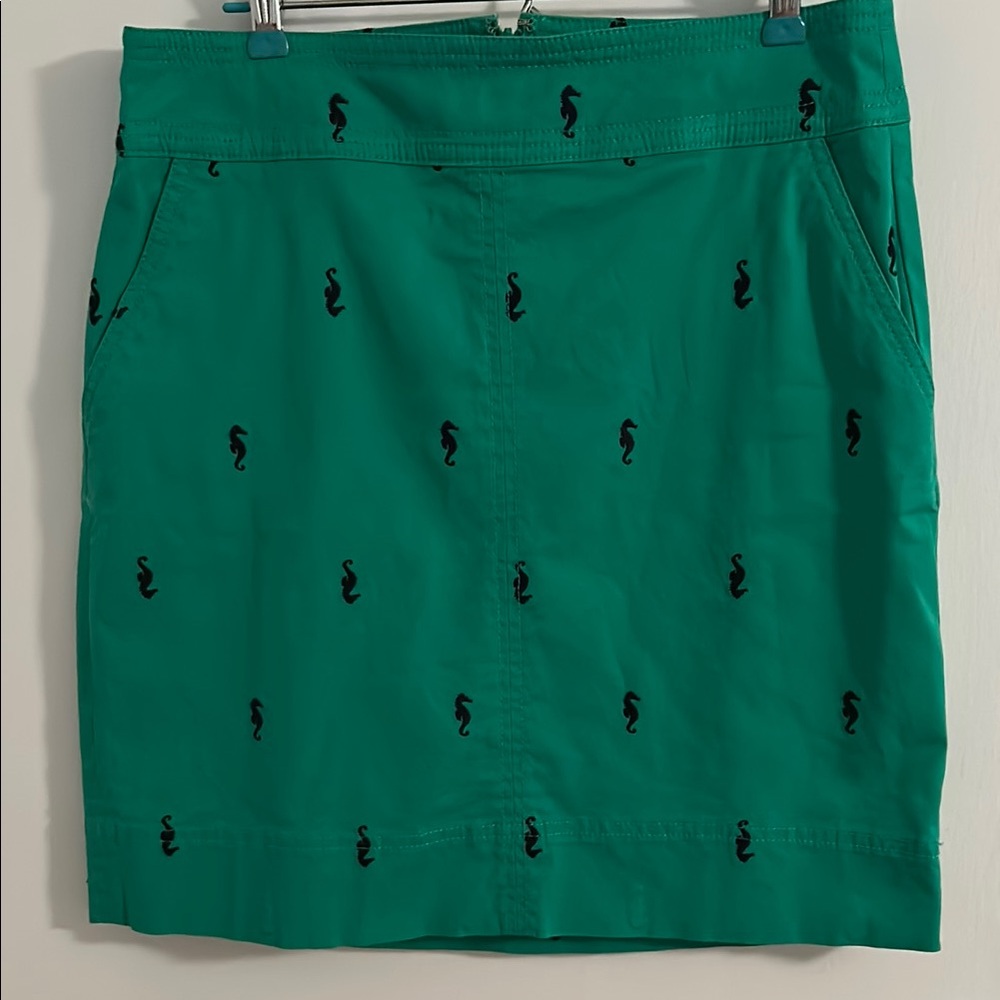 Talbots Green Mini Skirt with Navy Seahorse Pattern Size 6